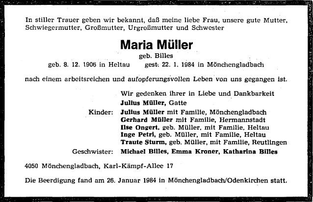 Billes Maria 1906-1984 Todesanzeige